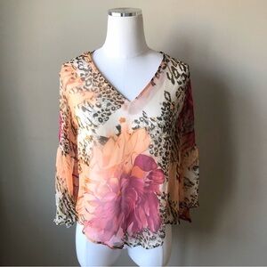 Vintage 80's Sheer Leopard Floral Print Silk Crepe Blouse S